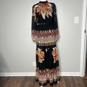 Maison Tara Blouson Long Sleeve Floral Maxi Dress Chiffon Women's 6 Tie Waist